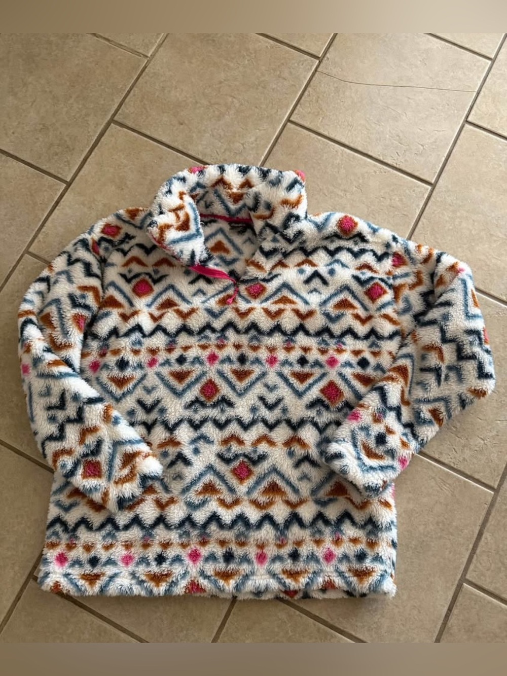 Eddie Bauer Aztec Sherpa Pullover Size L - White with Pink, Navy & Brown Pattern